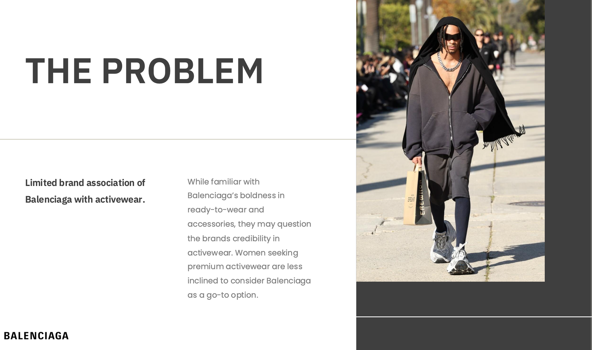 Process book slide — The Problem: limited brand association of Balenciaga with activewear