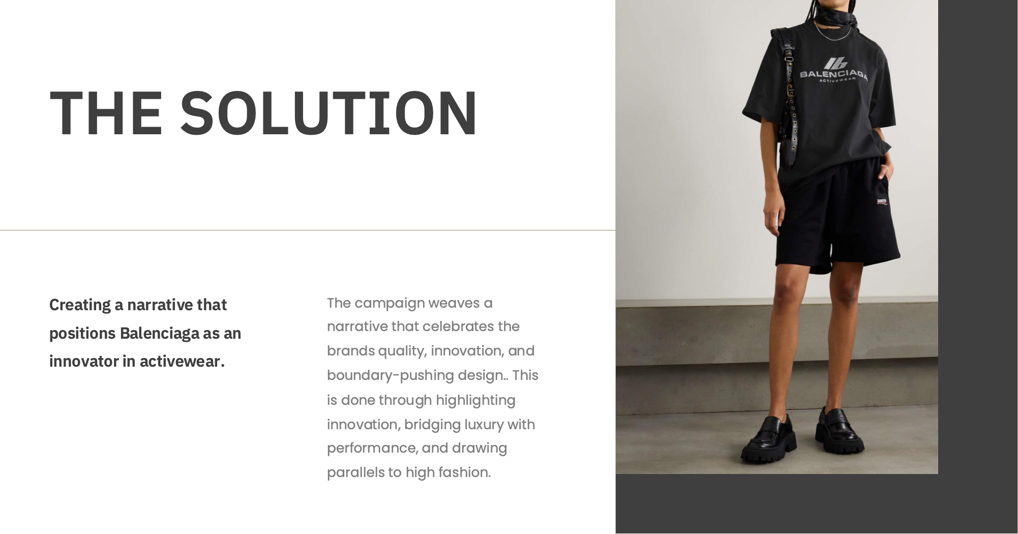 Process book slide — The Solution: a narrative that positions Balenciaga as an innovator in activewear