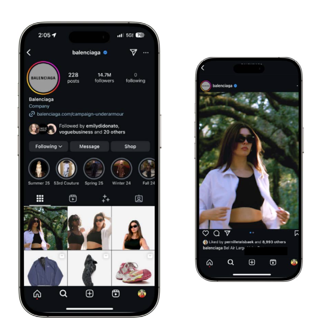 Instagram profile and Story mockup showing the campaign extending into Balenciaga’s social presence